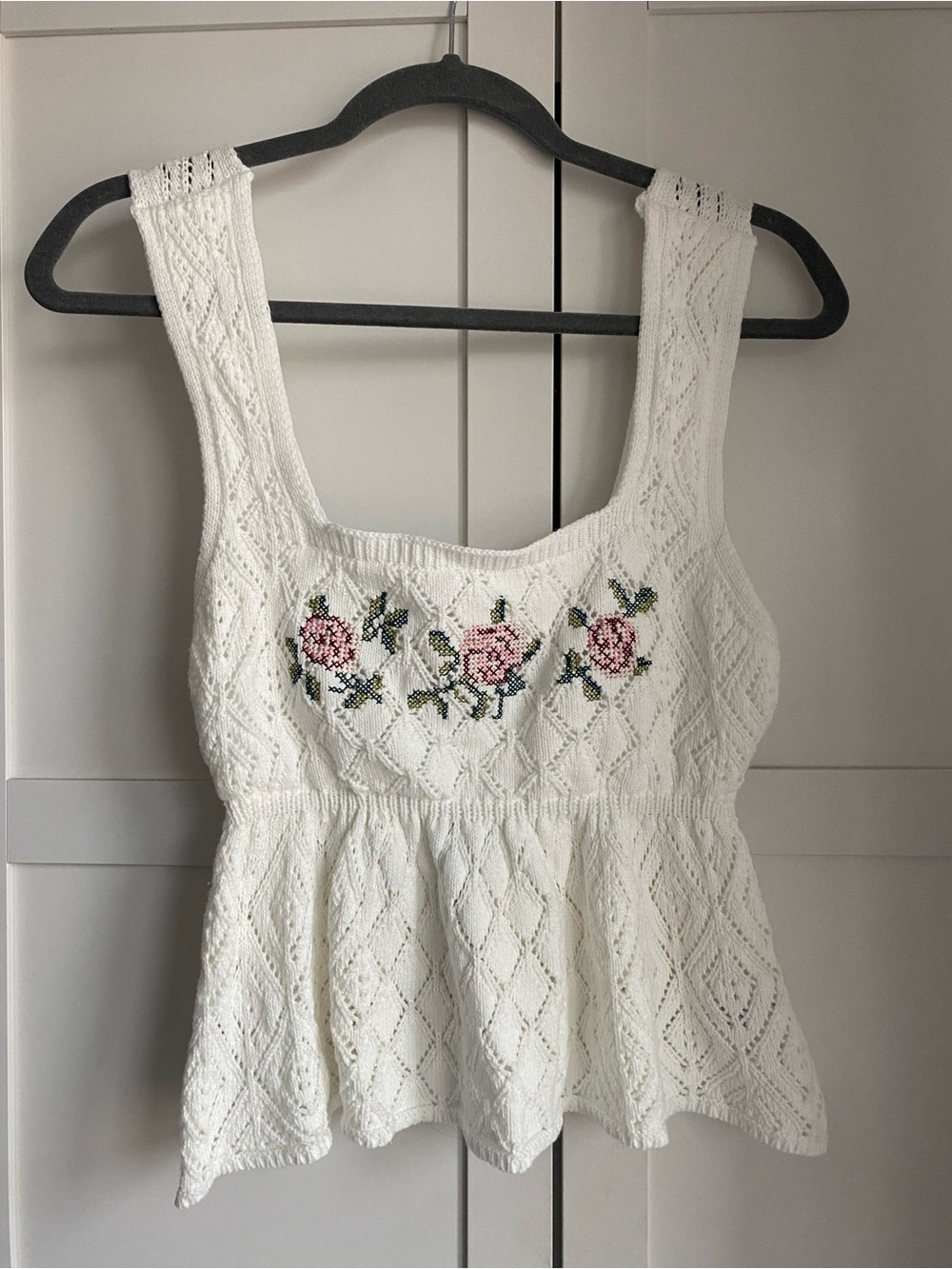 White Crochet Tank Top with Floral Embroidery